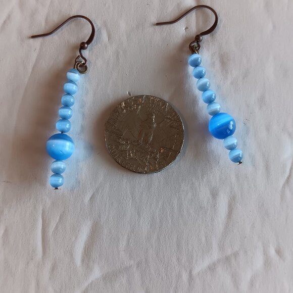 Hand Crafted Periwinkle Blue Dangle Earrings With Banded Agate Round Beads NWT - Picture 6 of 16